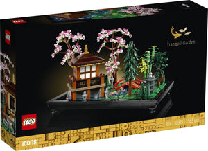 LEGO Icons Tranquil Garden set packaging with Japanese-style building and cherry blossom trees.