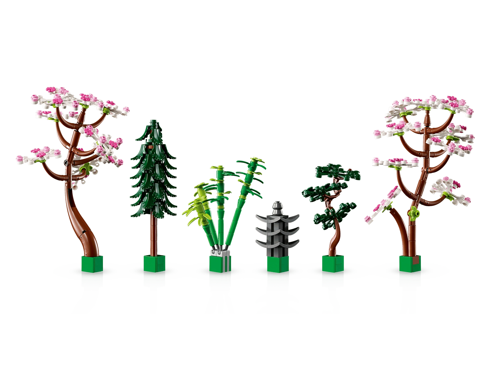 Set of LEGO trees and a pagoda on a white background