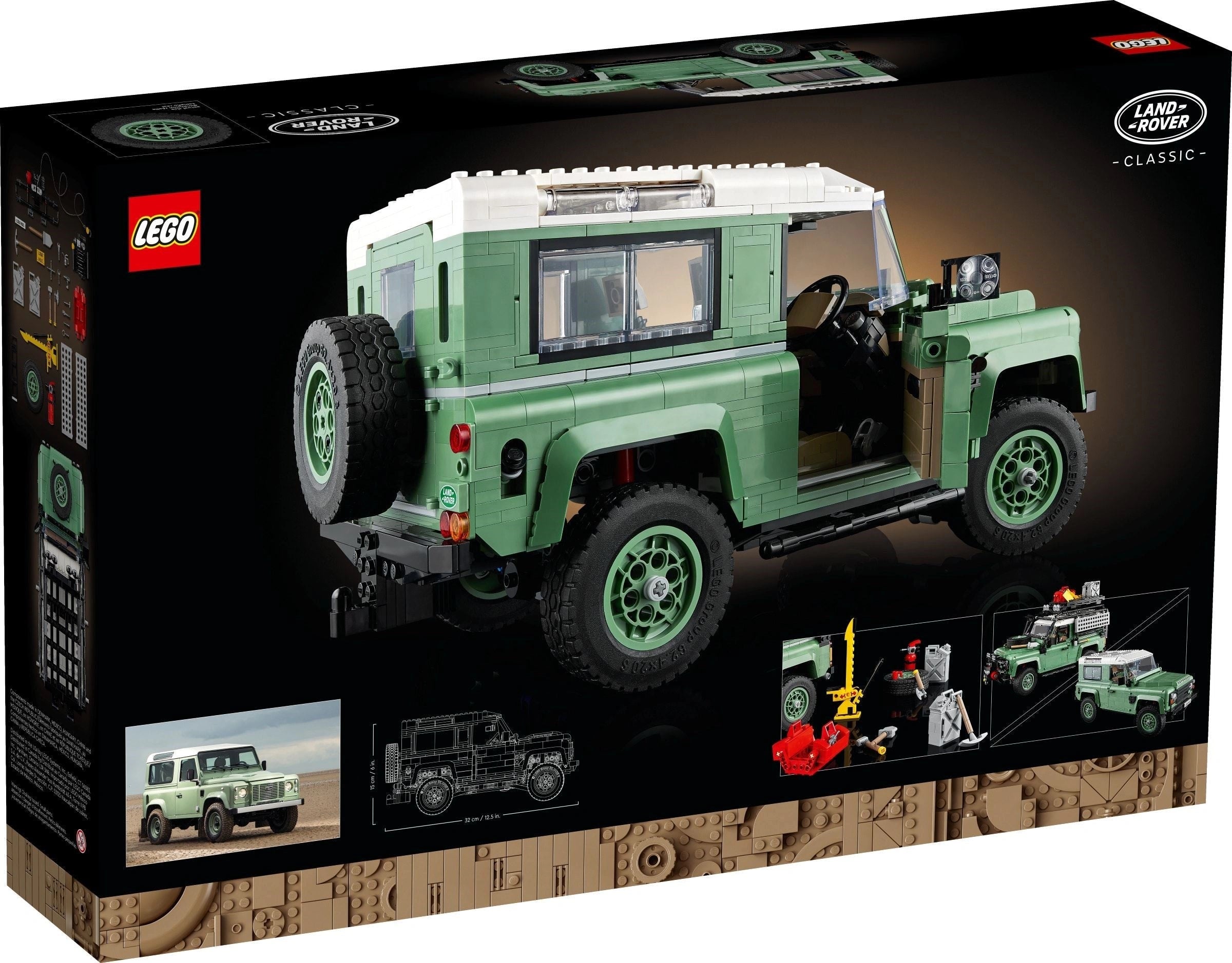 LEGO Land Rover Defender packaging with detailed graphics on a white background