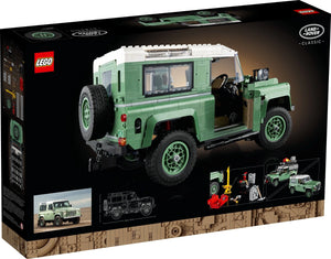 LEGO Land Rover Defender packaging with detailed graphics on a white background