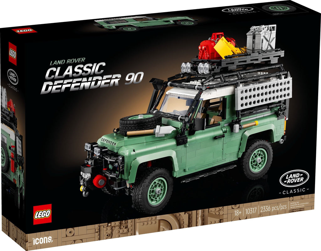 LEGO Land Rover Classic Defender 90 packaging with green vehicle on a black background