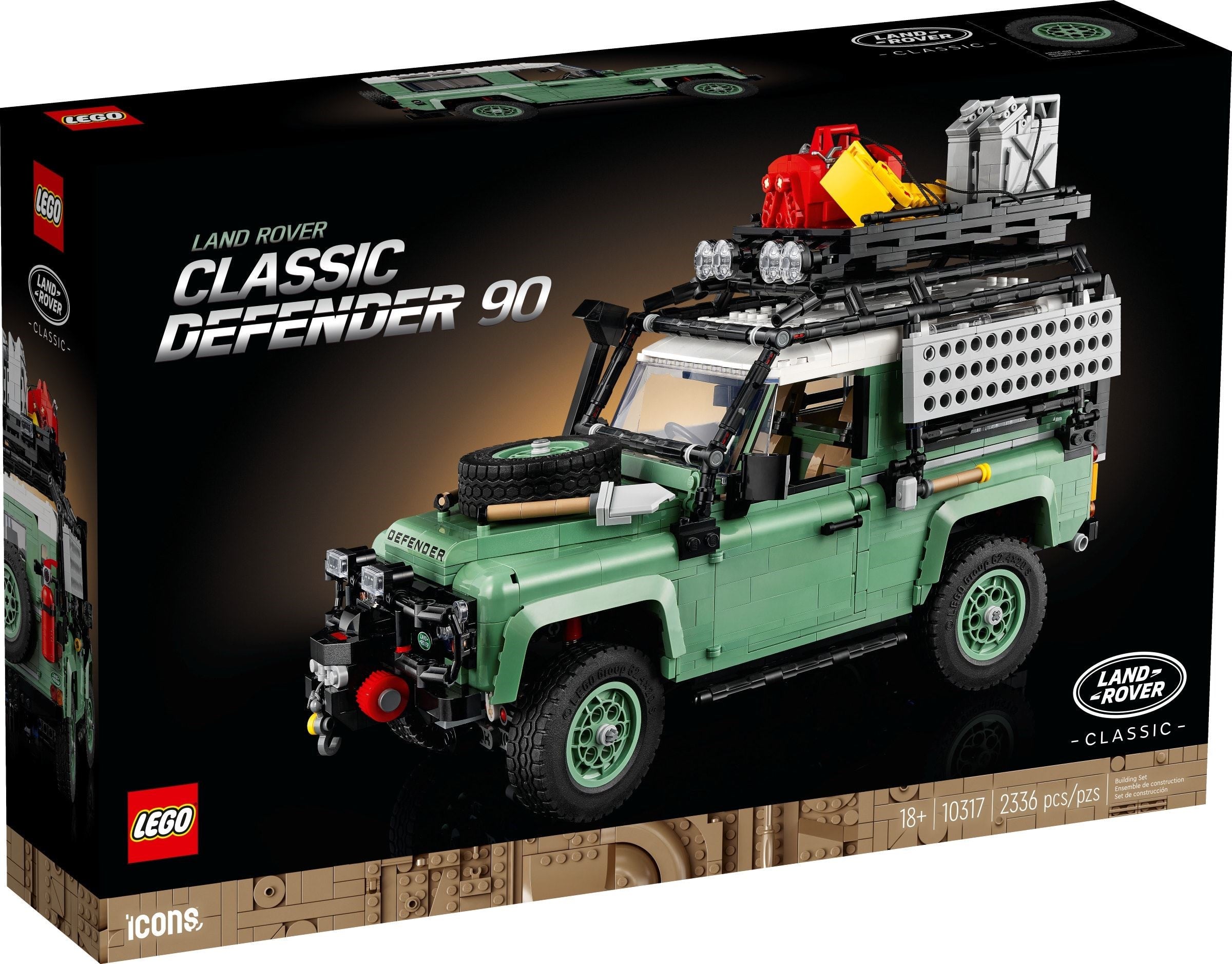 LEGO Land Rover Classic Defender 90 packaging with green vehicle on a black background