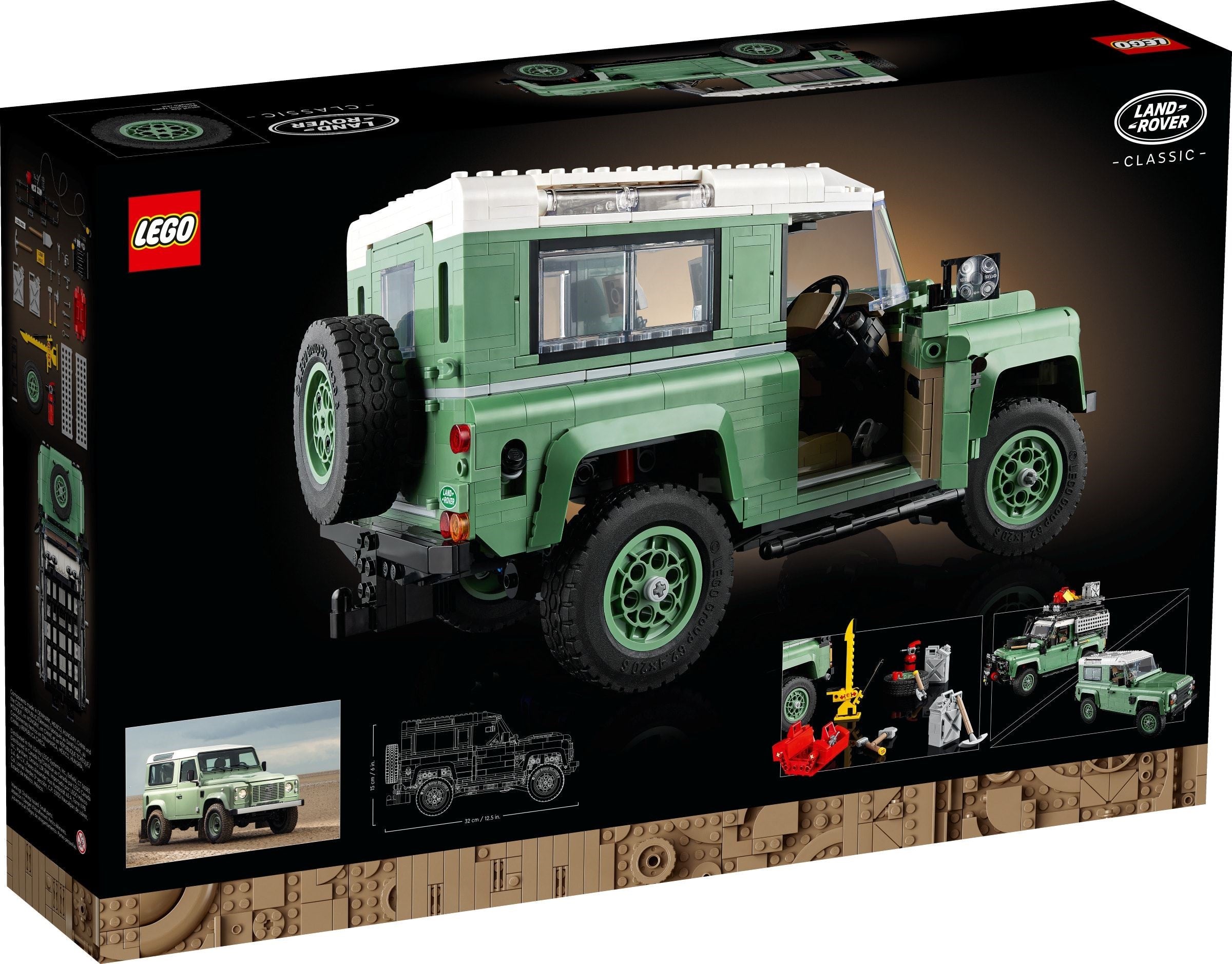 LEGO Land Rover Defender set packaging with green model on a black background