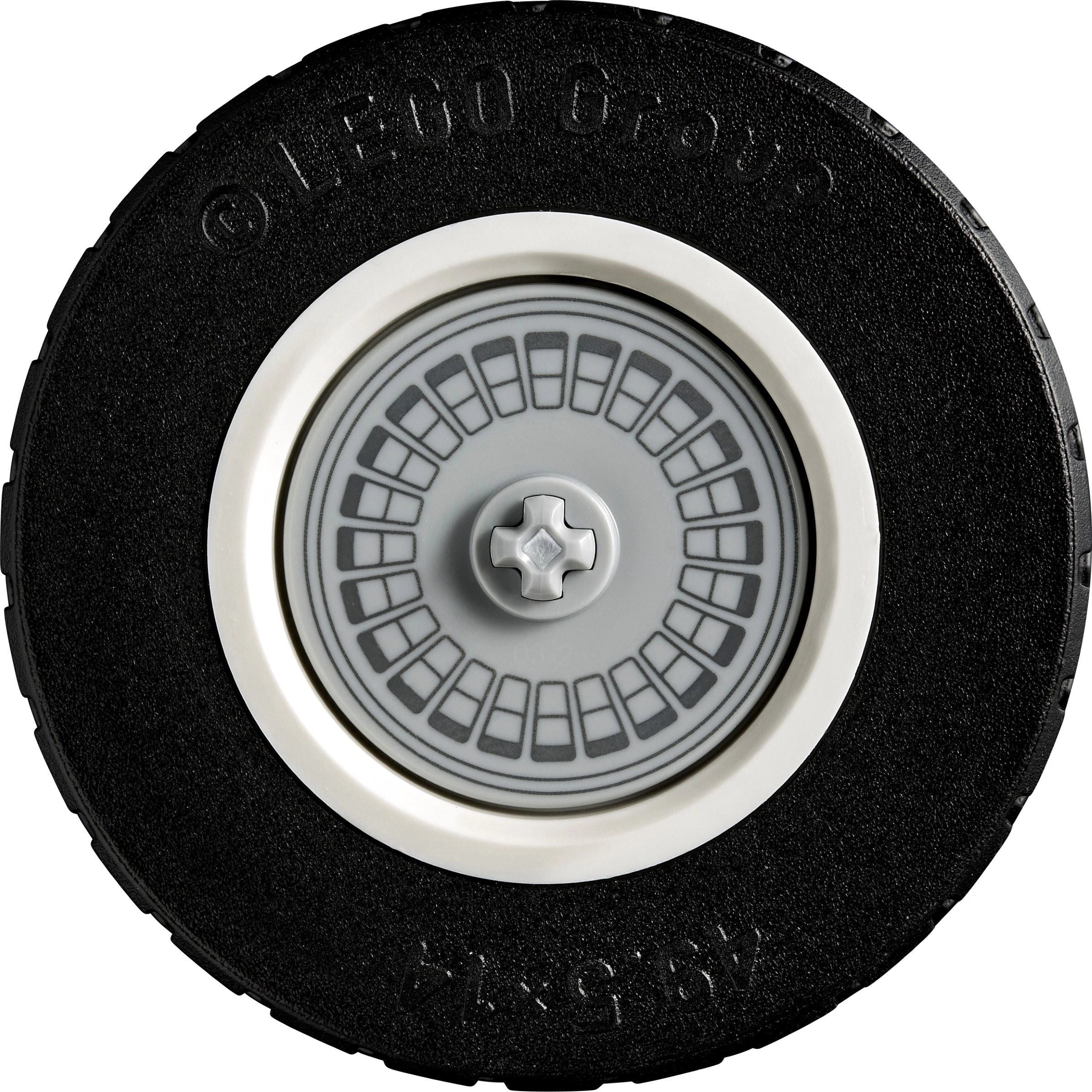Black wheel with white rim and central hub, featuring LEGO branding.