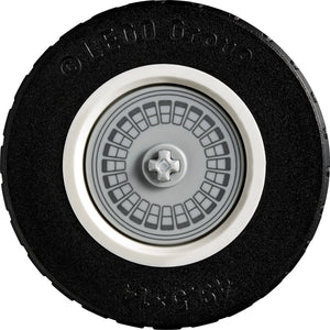 Black wheel with white rim and central hub, featuring LEGO branding.