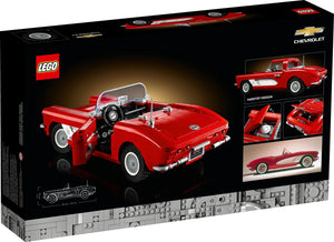 LEGO Chevrolet car set packaging with red car illustration on black background