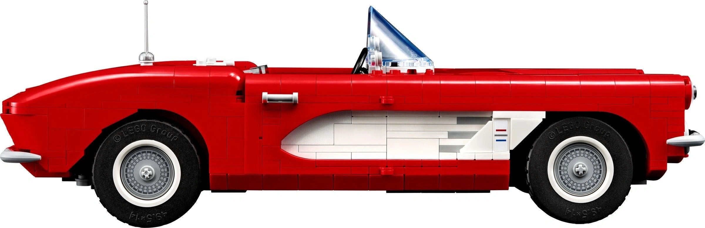 Red vintage car with a white stripe and blue flag on a white background