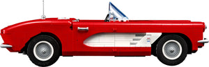 Red vintage car with a white stripe and blue flag on a white background