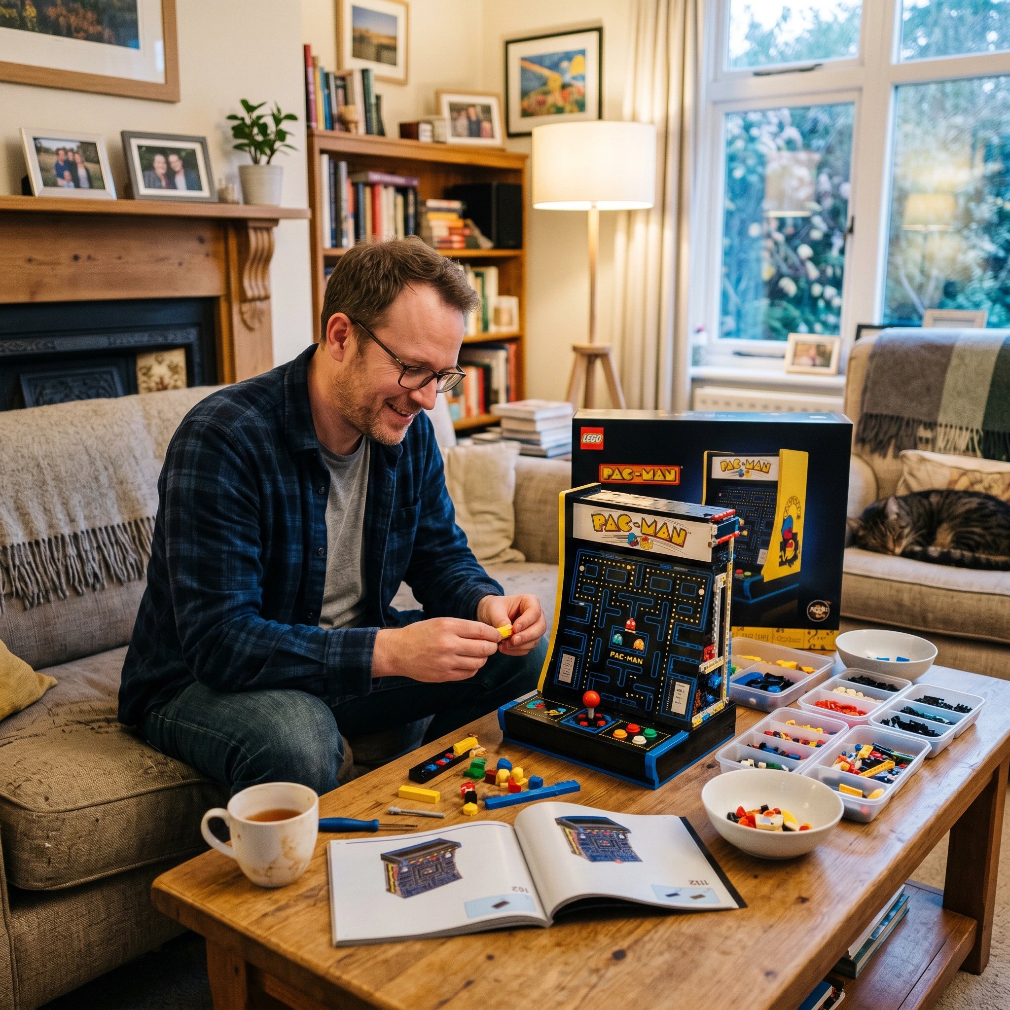 Man assembling a Pac-Man LEGO set in a cozy living room.