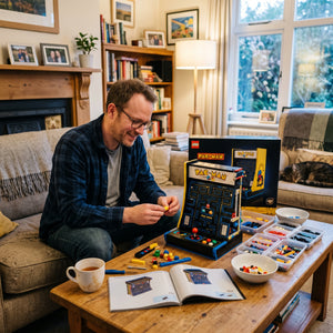 Man assembling a Pac-Man LEGO set in a cozy living room.