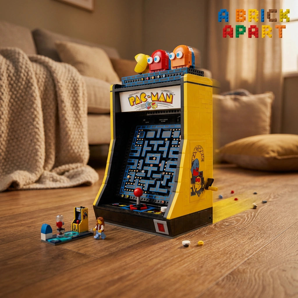 Pac-Man arcade machine toy on a wooden floor with 'A Brick Apart' branding.