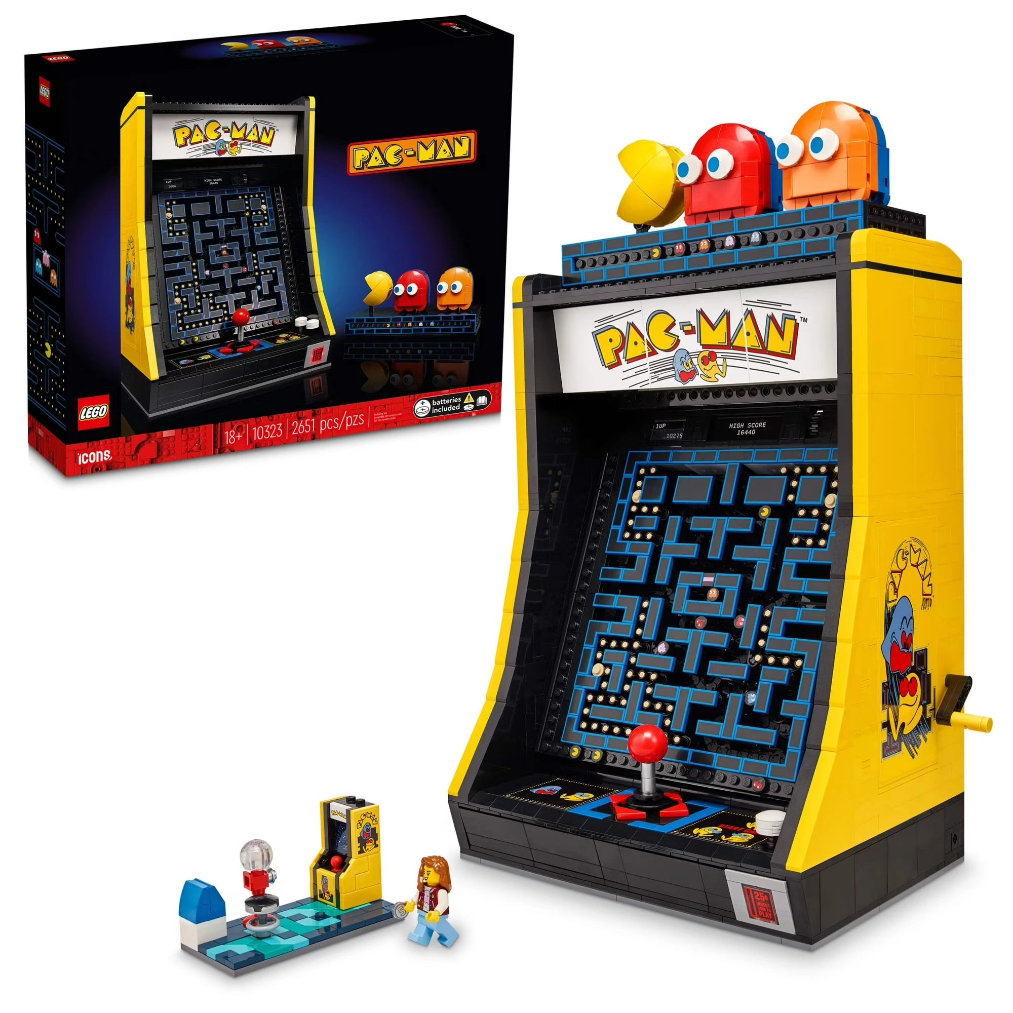 LEGO Pac-Man arcade machine set with packaging on a white background