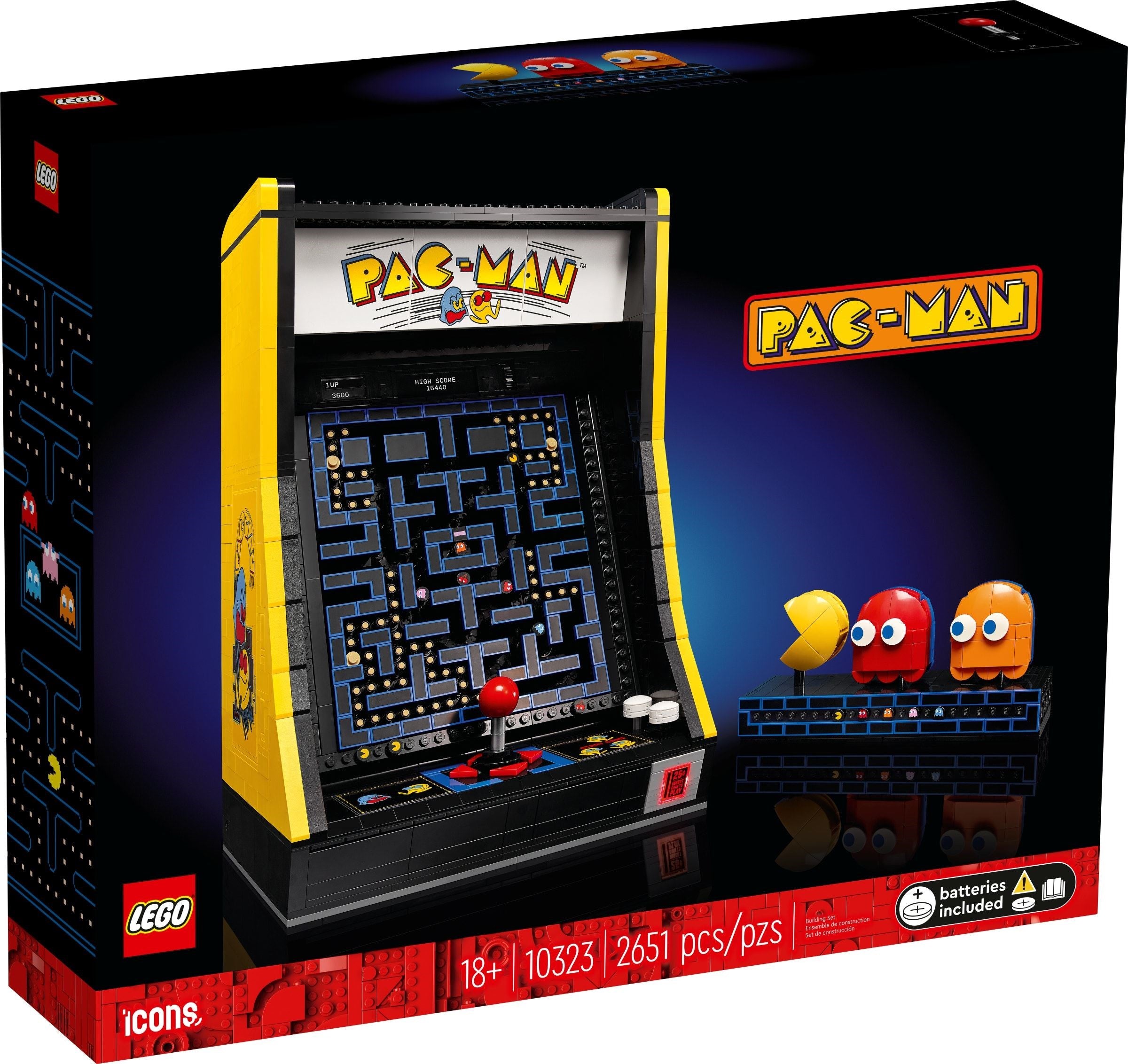 LEGO Pac-Man arcade machine set packaging with Pac-Man characters on a dark background