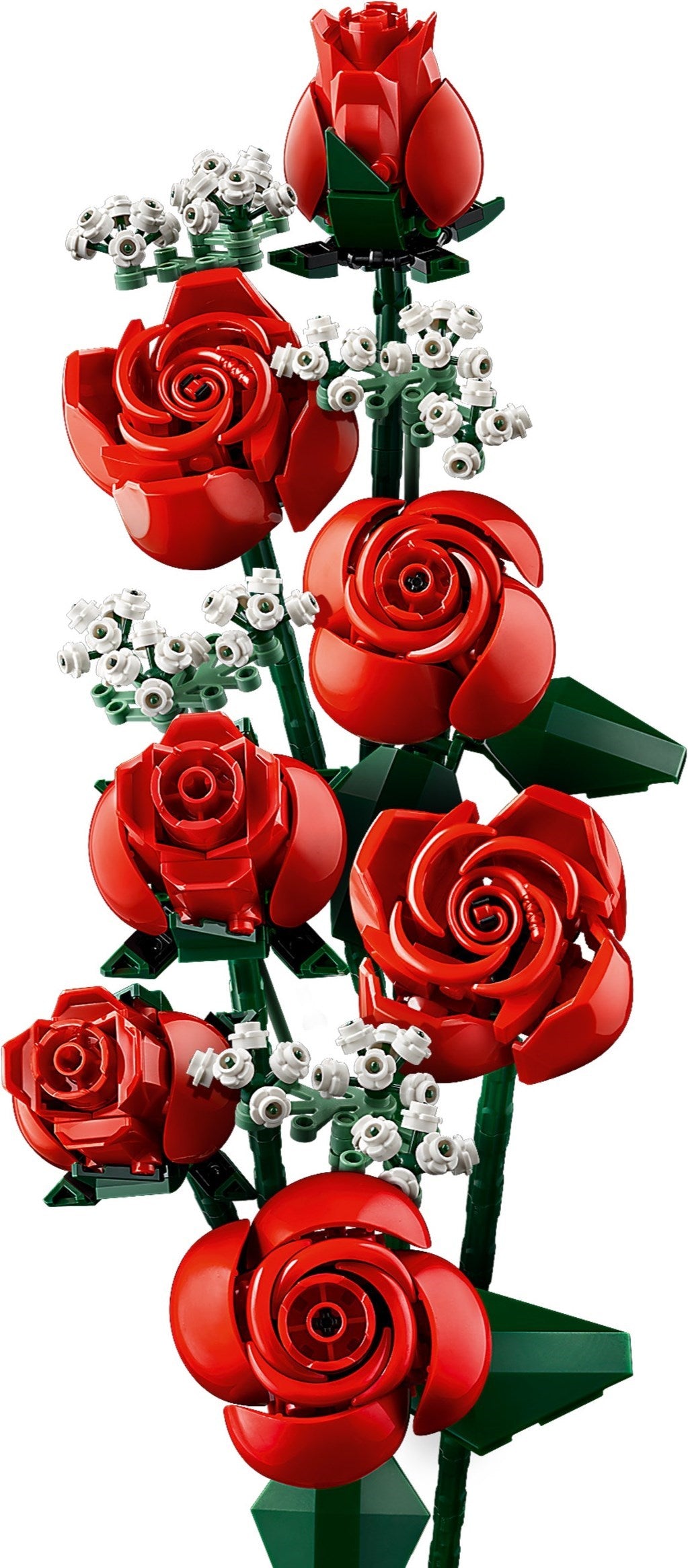 Red rose-like LEGO pieces arranged in a bouquet on a white background