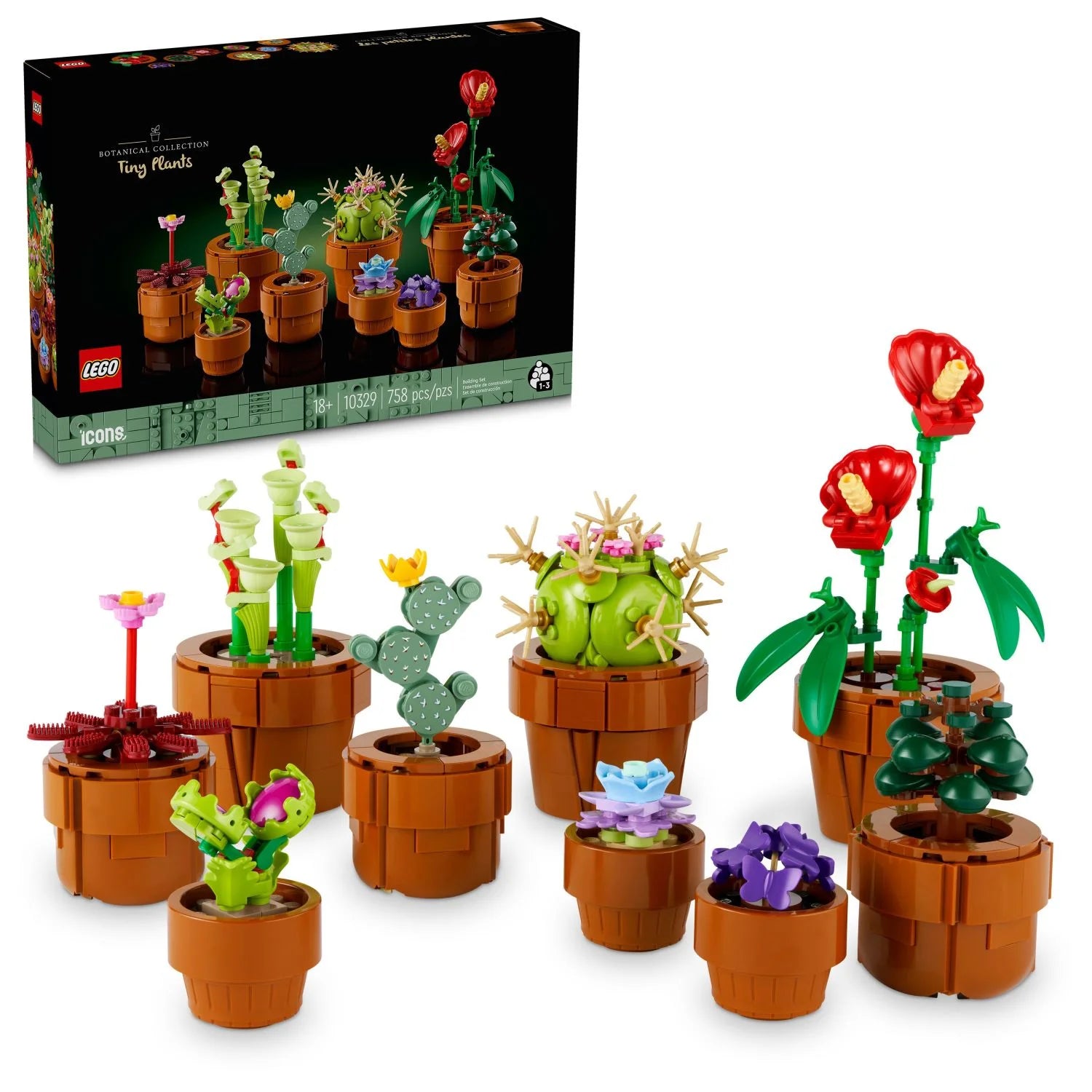 LEGO Tiny Plants set with potted plants and flowers displayed in front of a LEGO box.