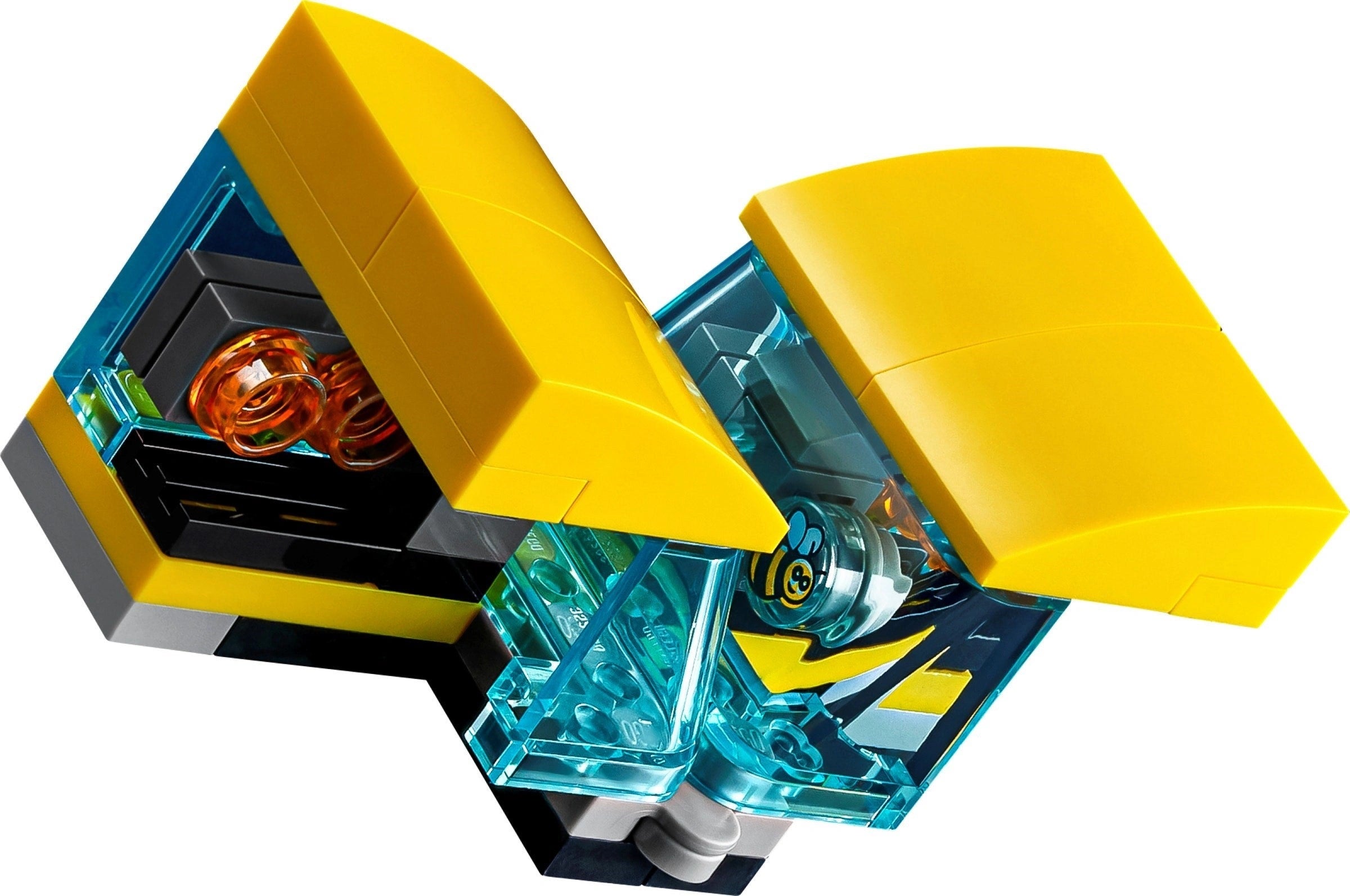 Close-up of a yellow and blue mechanical component on a white background
