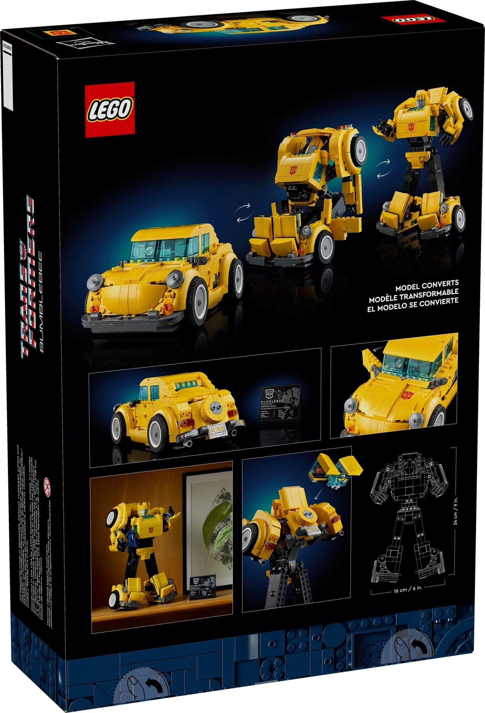 LEGO set packaging with yellow robot model and convertible car on a black background