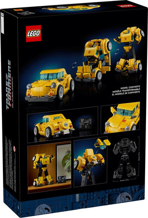 LEGO set packaging with yellow robot model and convertible car on a black background