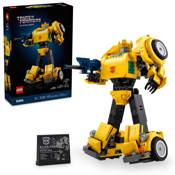 Yellow robot toy with packaging and card on a white background