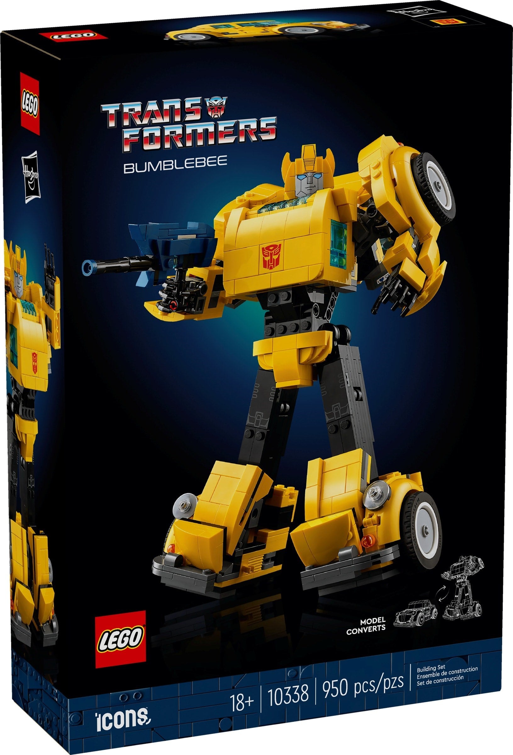 LEGO Transformers Bumblebee set packaging on a dark background