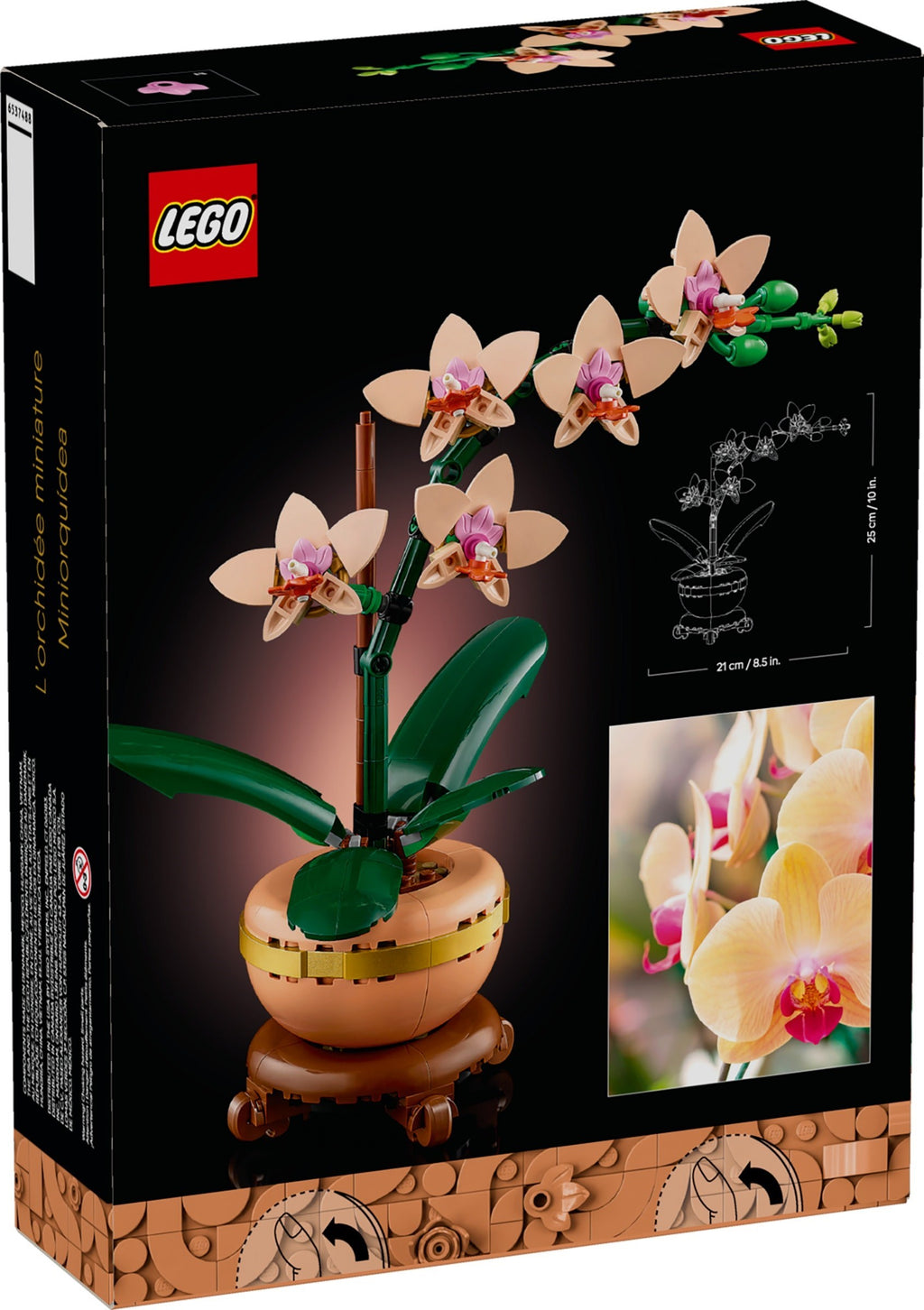 LEGO orchid set packaging with LEGO logo and orchid model on a dark background