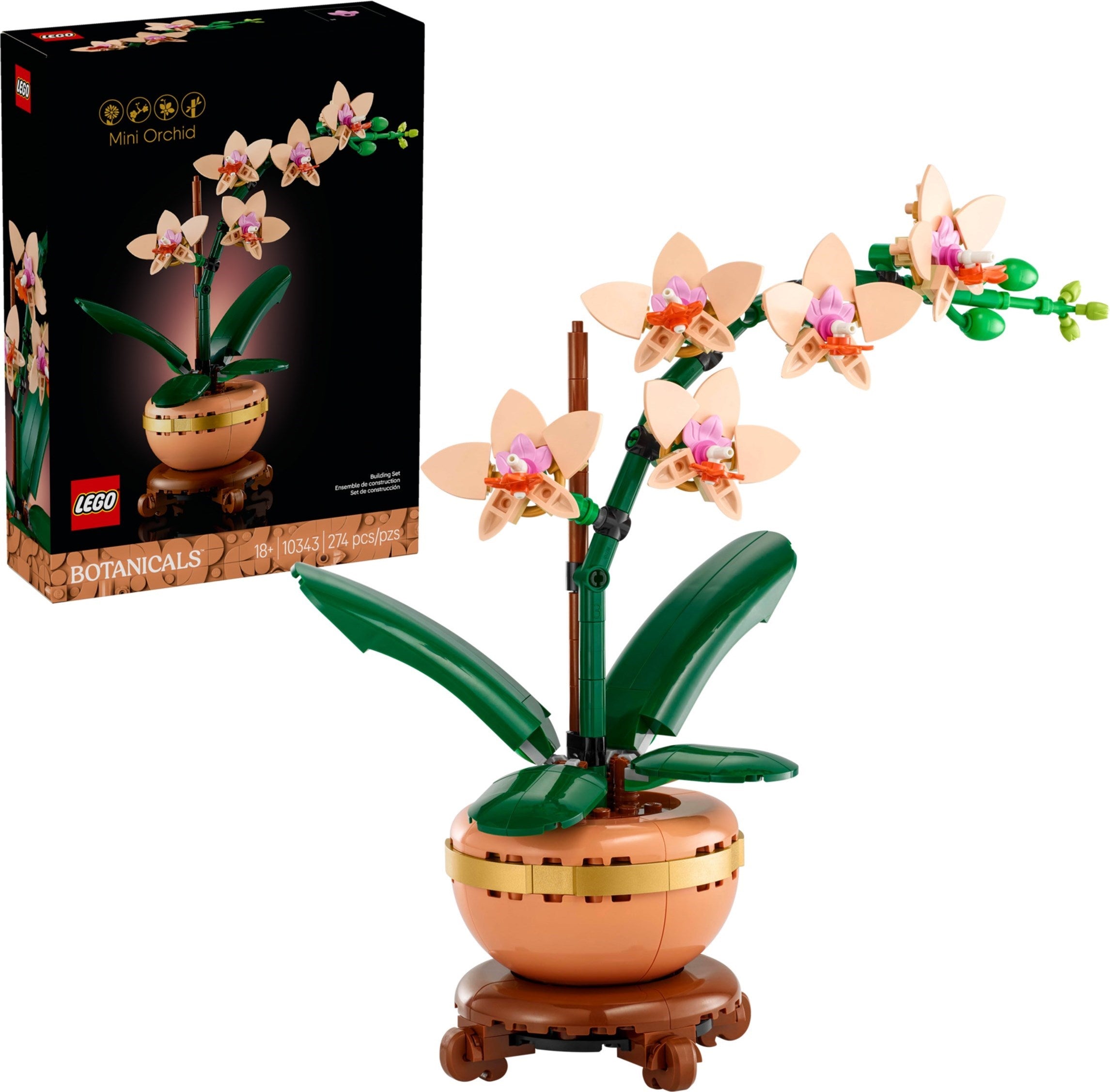 LEGO Botanicals orchid set with packaging on a white background