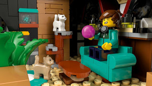 LEGO figure sitting on a teal couch with a dog and cat in a cozy room setting.