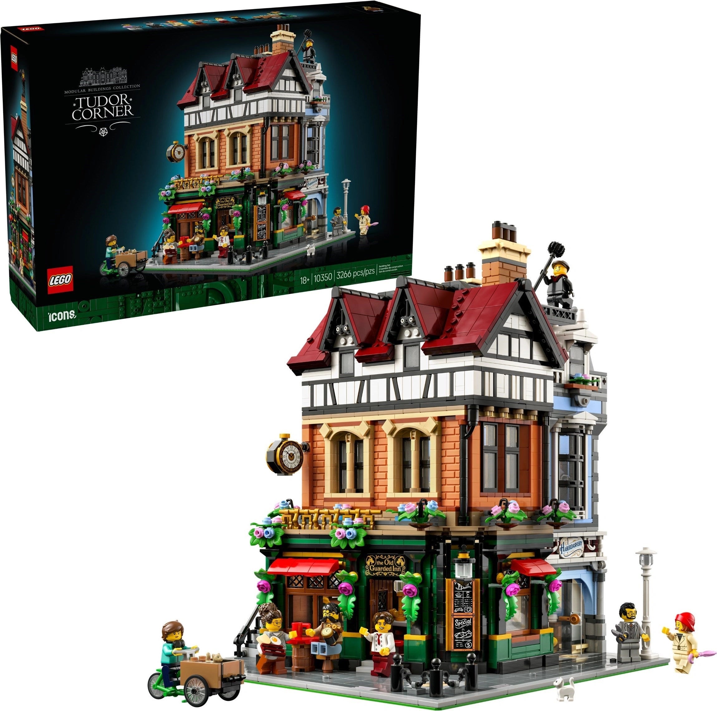 LEGO building set with detailed architecture and people figures, next to its packaging.