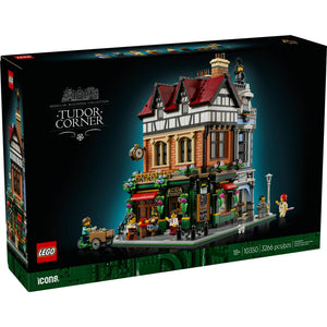 LEGO Tudor Corner set packaging with detailed building model on a white background