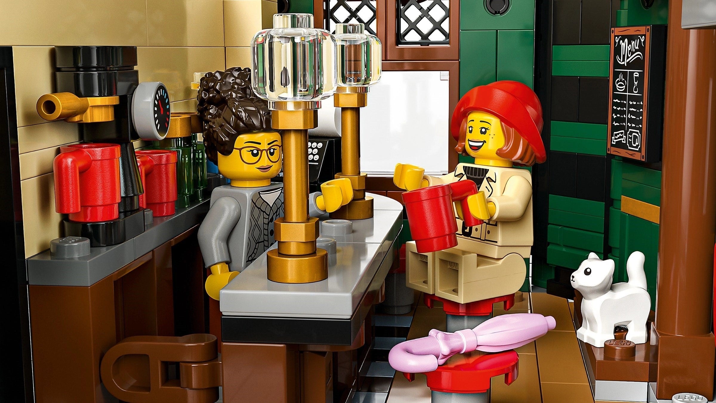 Two LEGO figures in a bar setting with a bartender and a customer.