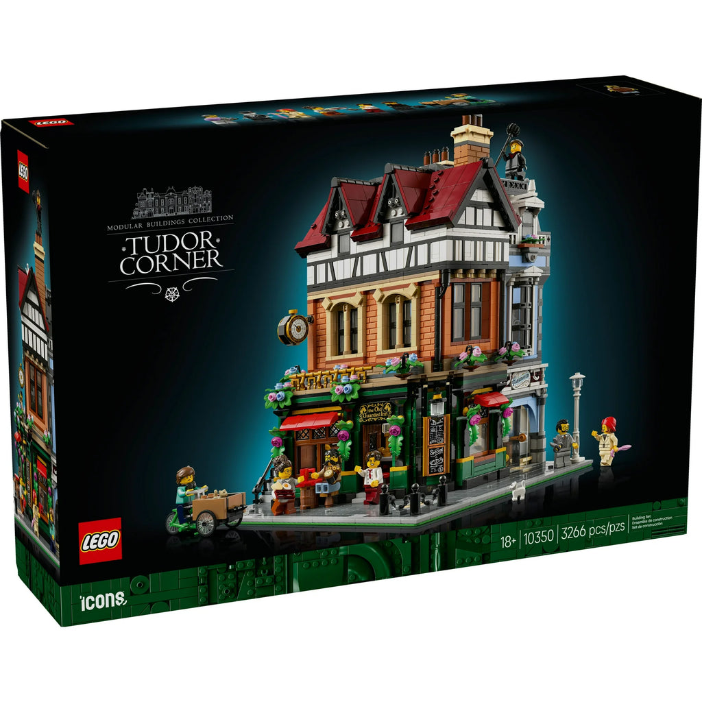 LEGO Tudor Corner set packaging with detailed building model on a dark background