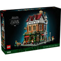 LEGO Tudor Corner set packaging with detailed building model on a dark background