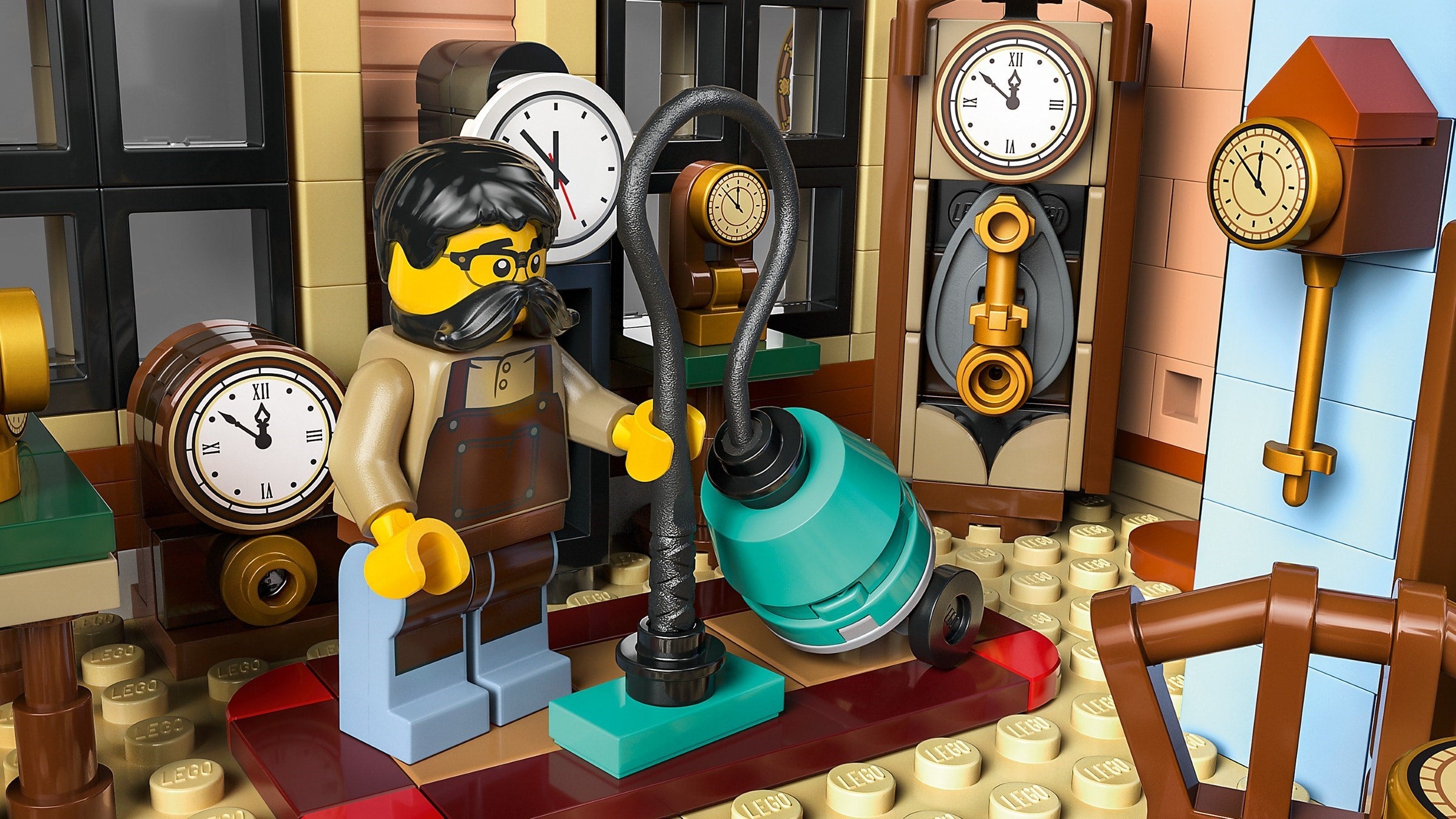 LEGO scene with a character interacting with various clocks and mechanical devices.