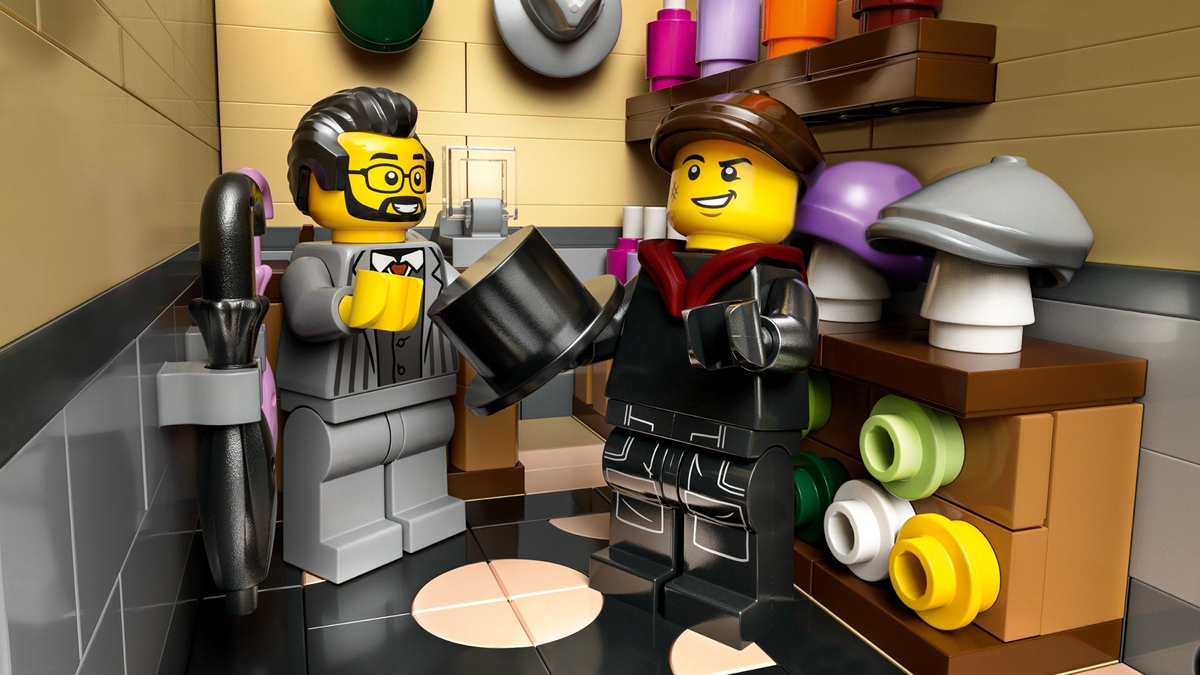 Two LEGO characters in a bathroom setting with various toiletries.