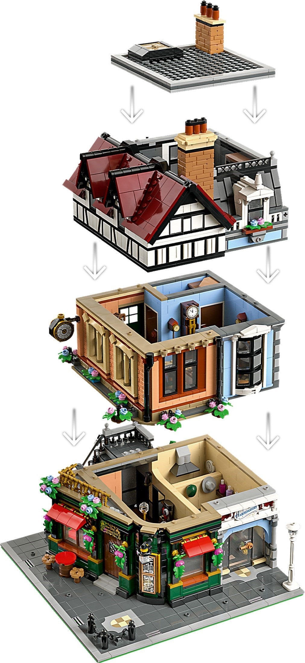 Set of modular building models stacked on top of each other, resembling different architectural styles.