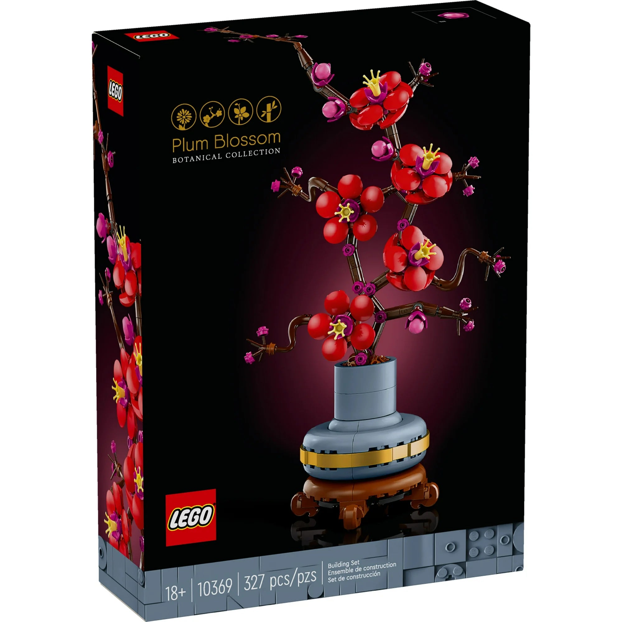 LEGO Plum Blossom set packaging with floral design on a dark background