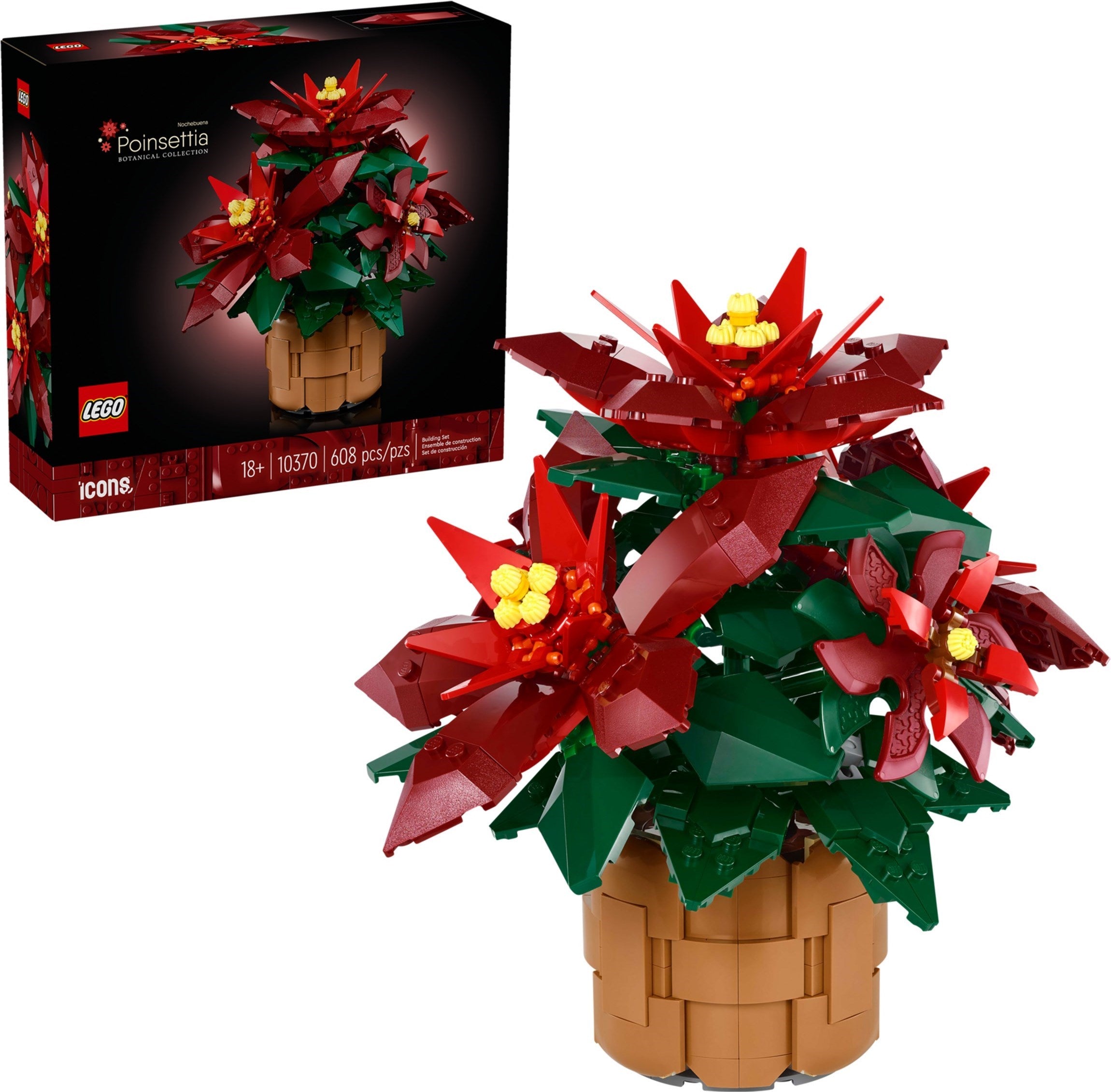LEGO poinsettia plant set with packaging on a white background