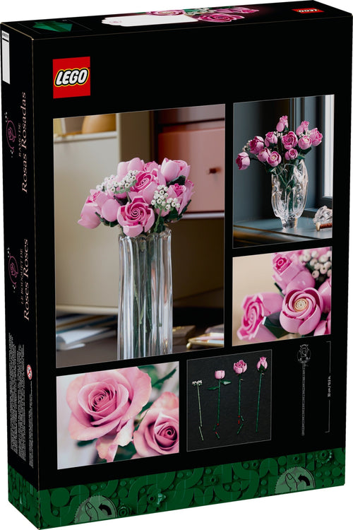 LEGO set packaging with images of pink roses and a vase