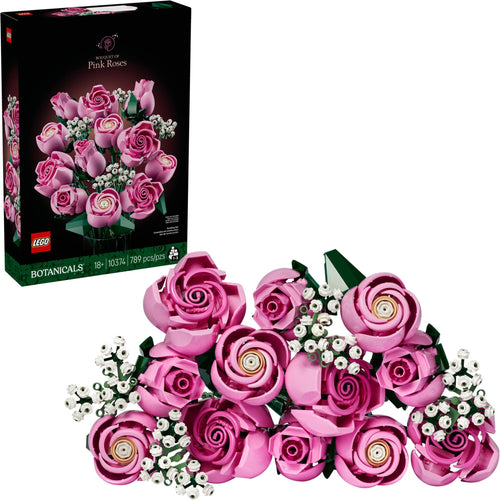 LEGO Botanicals Pink Roses set with packaging on a white background