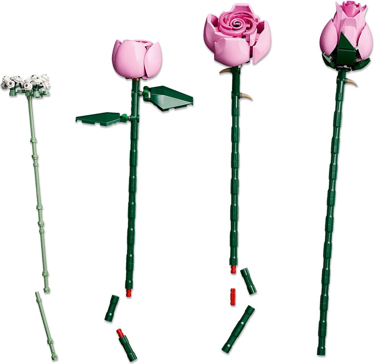 Pink rose-shaped objects with green stems on a white background