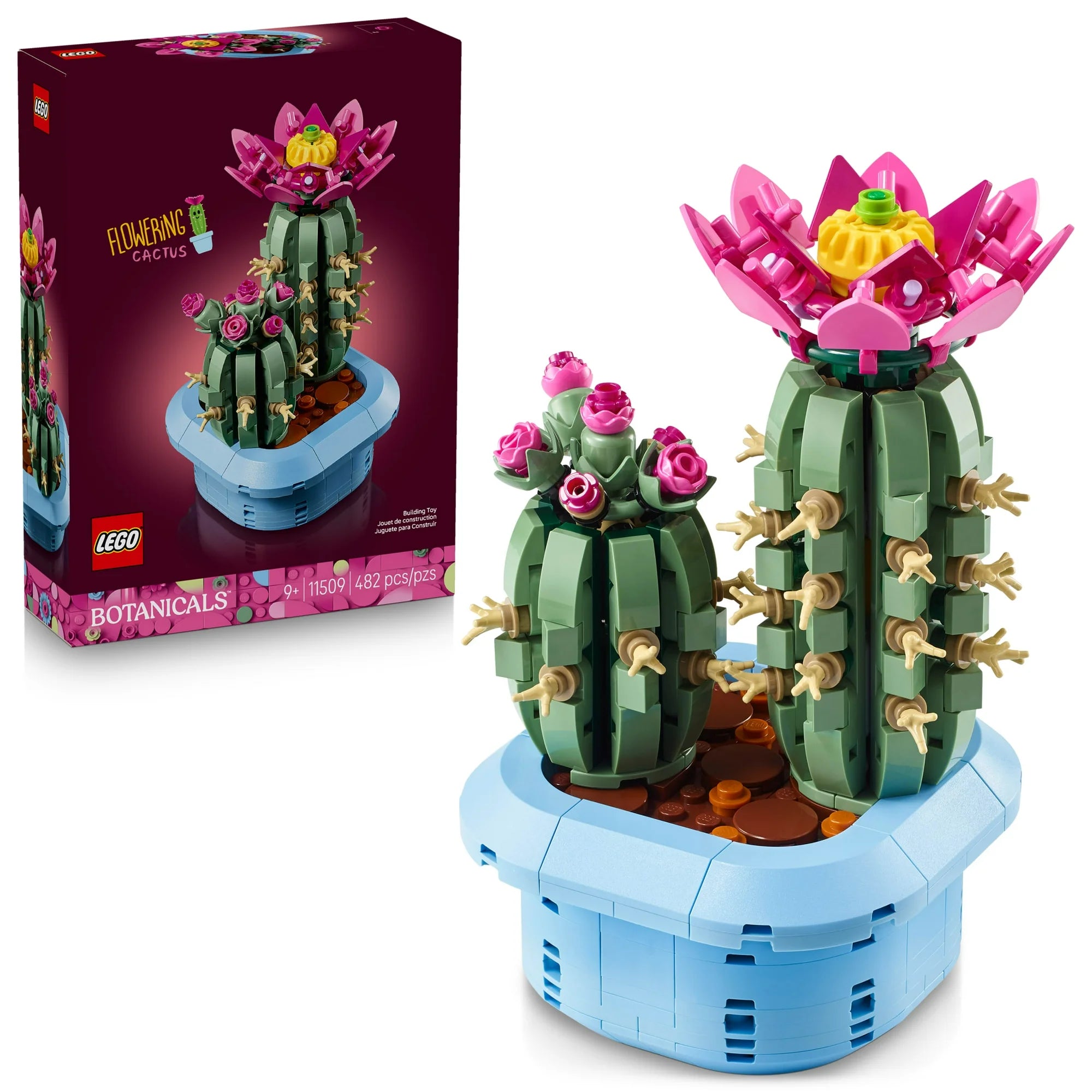 LEGO Botanicals cactus set with pink flowers and packaging on a white background
