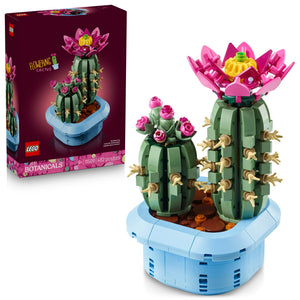 LEGO Botanicals cactus set with pink flowers and packaging on a white background