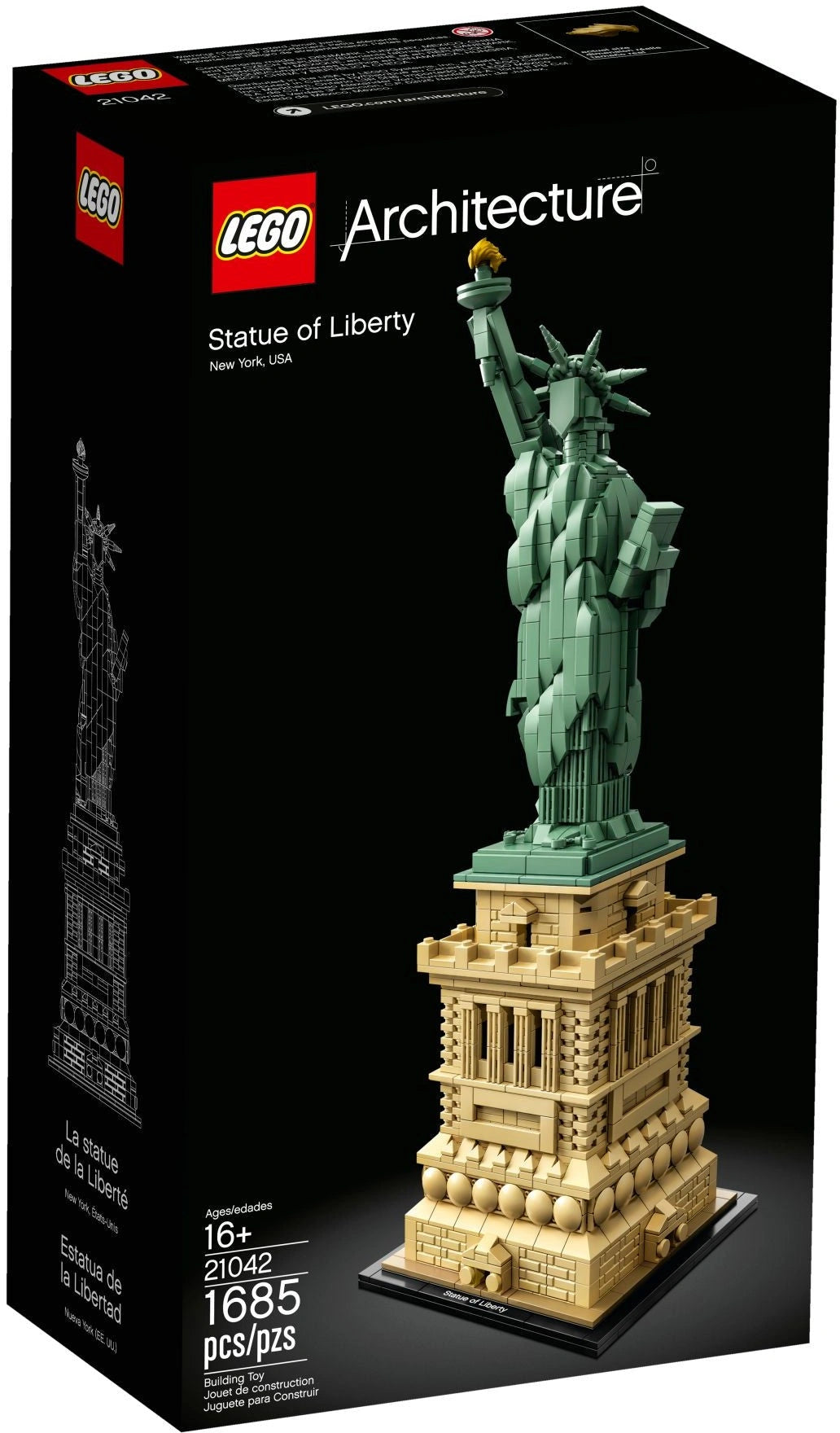 LEGO Architecture Statue of Liberty set packaging on a black background