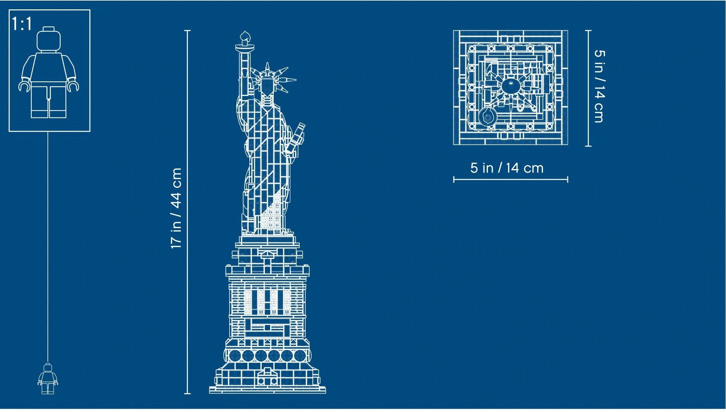 Blueprint-style diagram of a building model with measurements on a blue background
