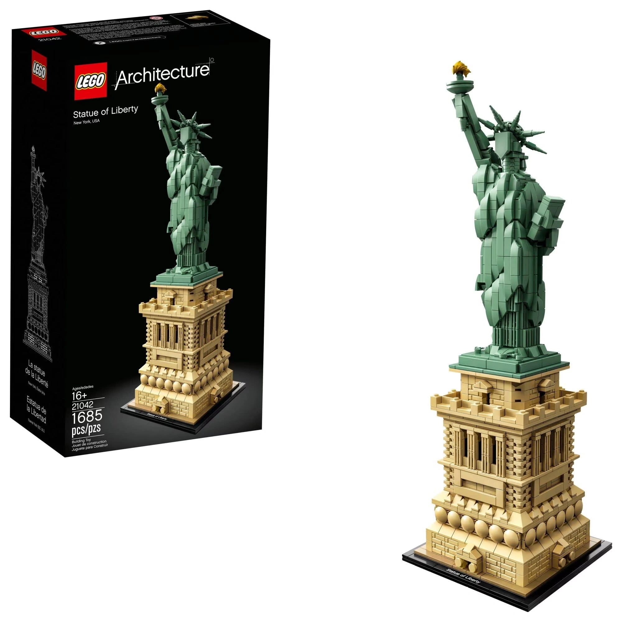 LEGO Statue of Liberty set with packaging on a white background