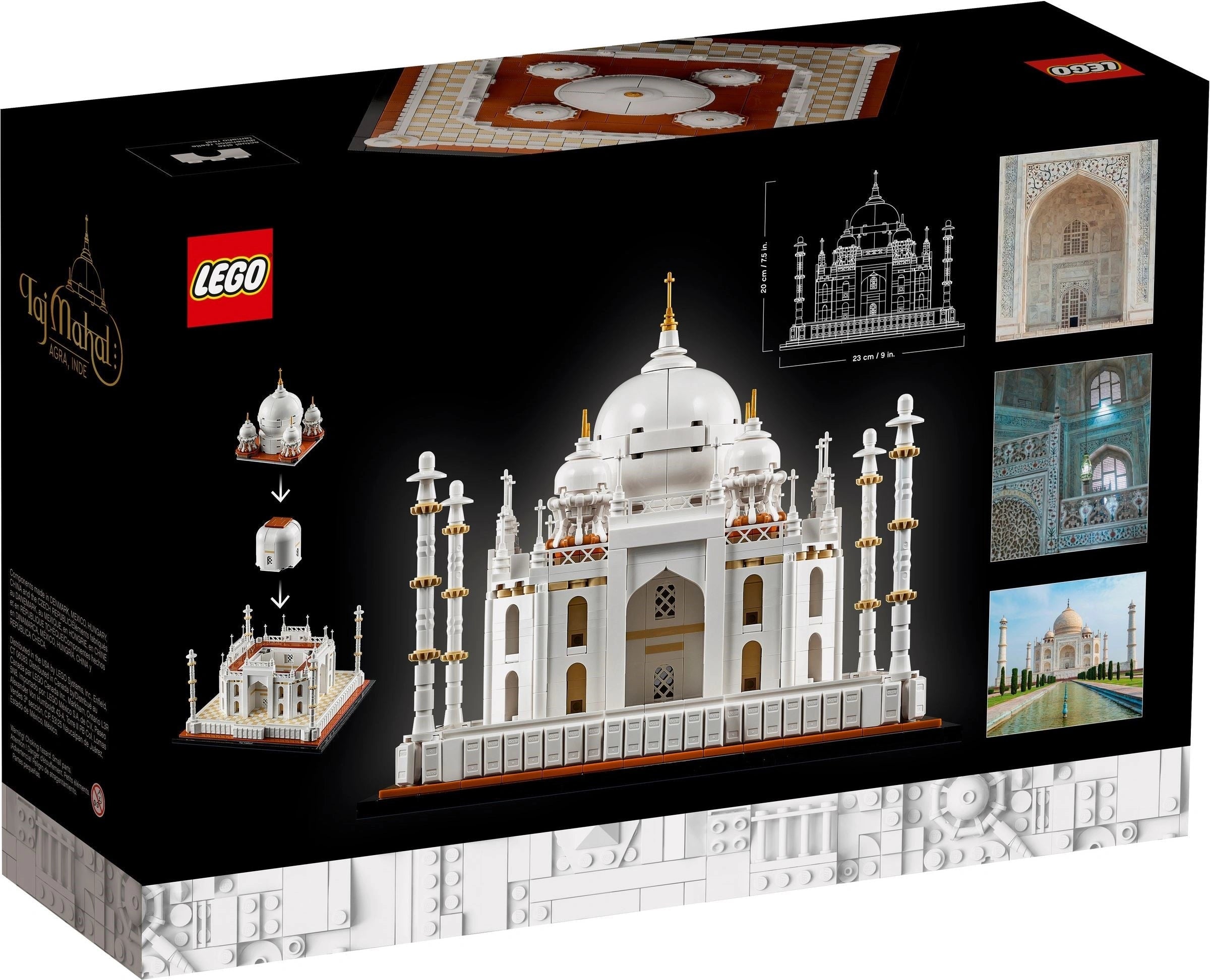 LEGO Taj Mahal set packaging with detailed illustrations on a black background