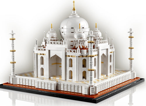 Model of the Taj Mahal made from interlocking bricks on a white background