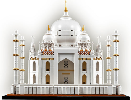 Model of the Taj Mahal made from interlocking bricks on a white background