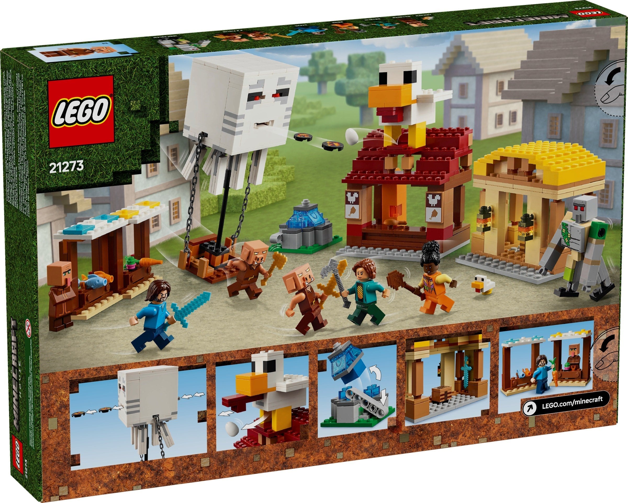 LEGO Minecraft set packaging with characters and scenes on a grassy background