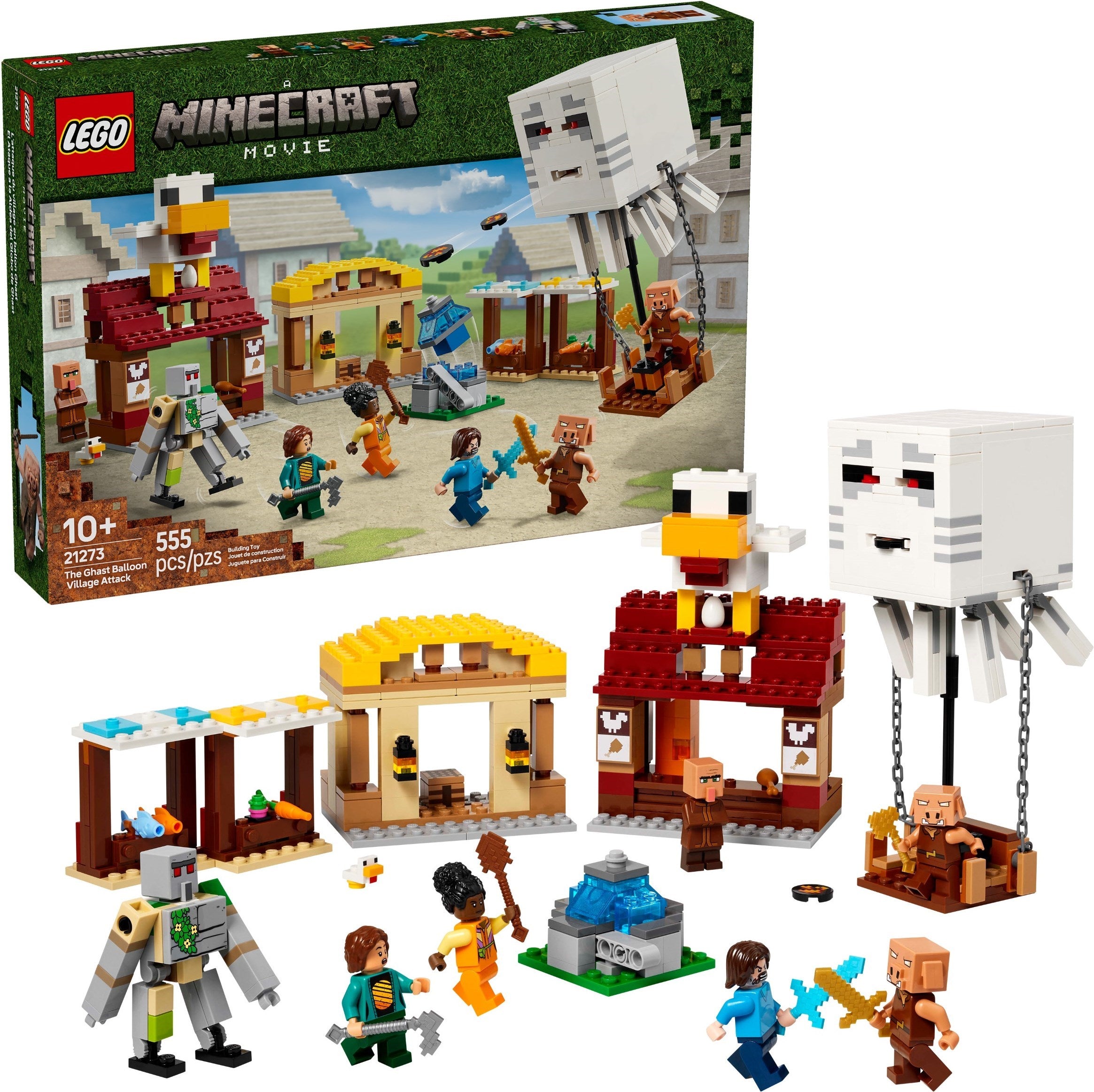 LEGO Minecraft Movie set with characters and buildings on a white background
